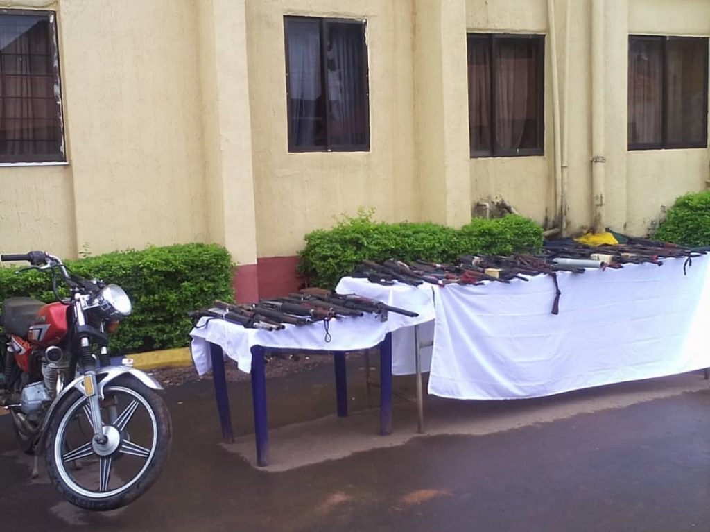 Guns and other items recovered from suspected bandits in Ebonyi state.