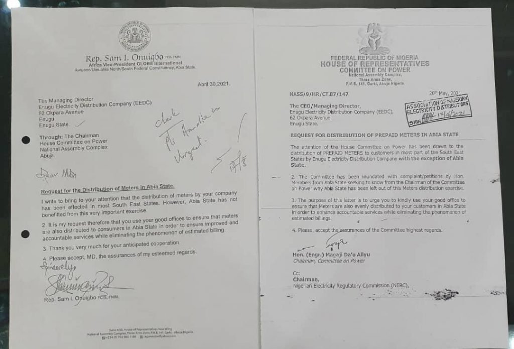 A copy of the letter by Rep. Sam Onuigbo to Enugu Electricity Distribution Company, EEDC.