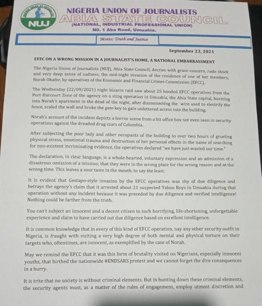 NUJ letter condemning the invasion of Norah Okafor's home by the EFCC.