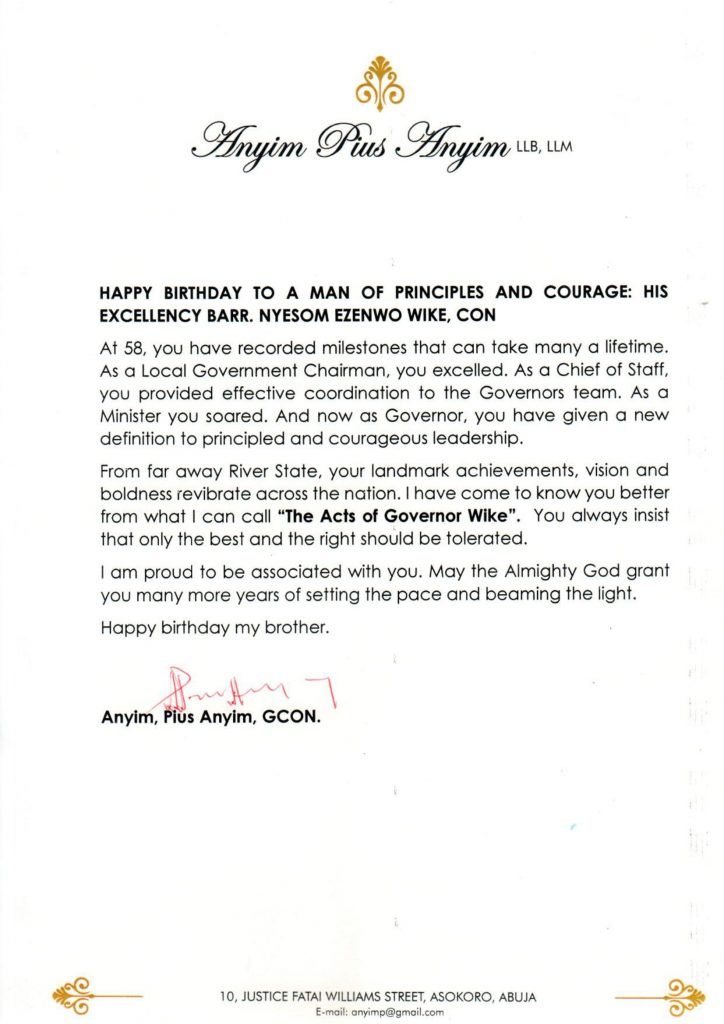 Former SFG, Senator Anyim Pius Anyim's goodwill message to Governor Nyesom Wike, the Executive Governor of Rivers State, on his 58th birthday anniversary. 