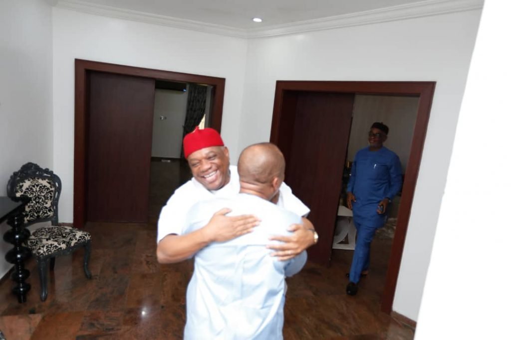 See. Orji Uzor Kalu, the Chief Whip of the Senate in a warm embrace with Senator Samuel Anyanwu.