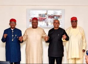 From (2L): Anyim Pius Anyim, Mr. Peter Obi (3L), locking hands in agreement with other Southeastern PDP Presidential Aspirants.