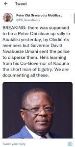 BREAKING: How Gov. Umhai's Alleged Desperation, Jealousy Disrupted Peter Obi clean up rally in Abakiliki 2 Peter Obi grassroots mobilisation accuses Governor David Umahi of disrupting rally for Peter Obi in Abakiliki.